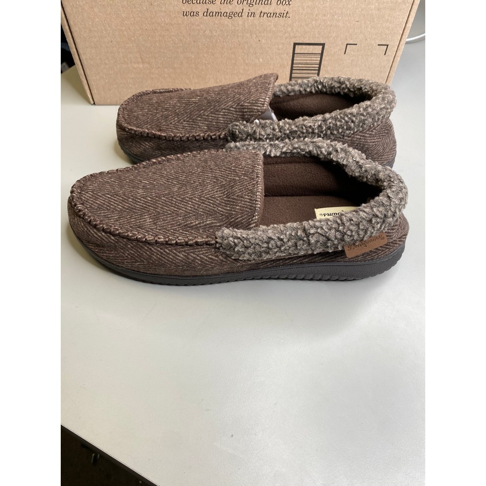 Dearfoams Mens Herringbone Clog Slippers Brown Faux Fur Trim Size L 11-12